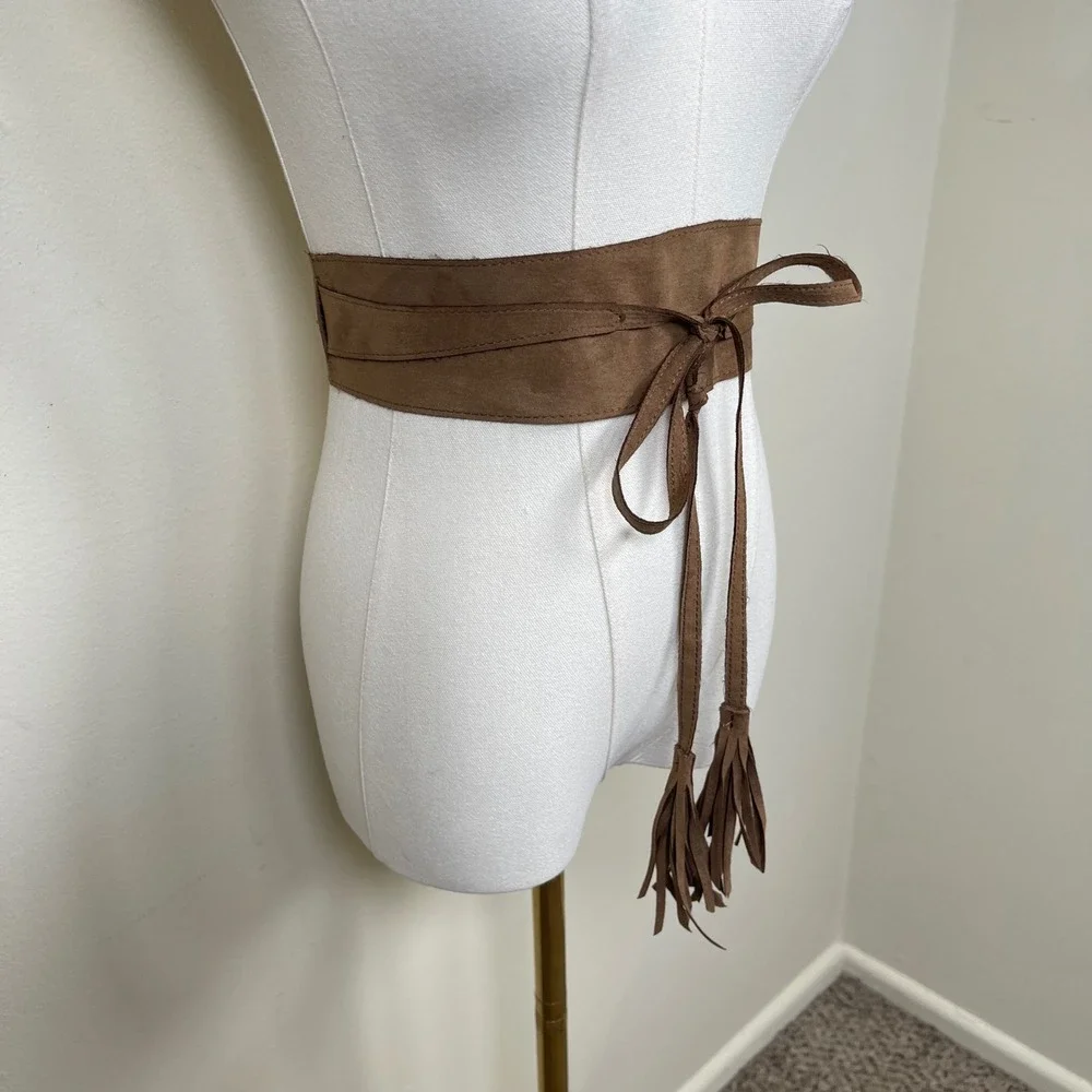 Vintage Faux Suede Tassel Wrap Obi Belt Women Brown Fringe Cinch Waist Boho